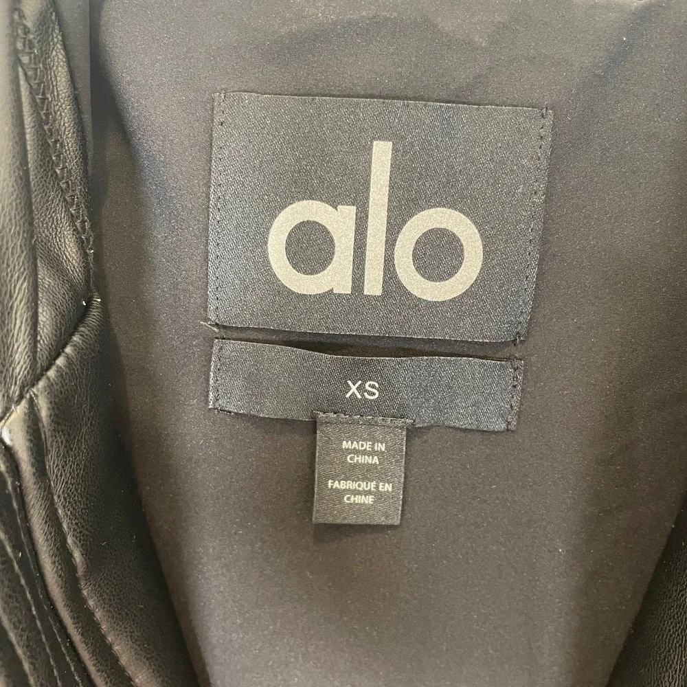 Alo Yoga Faux Leather Bomber Jacket Full Zip Cropped Hooded Black Sporty XS
